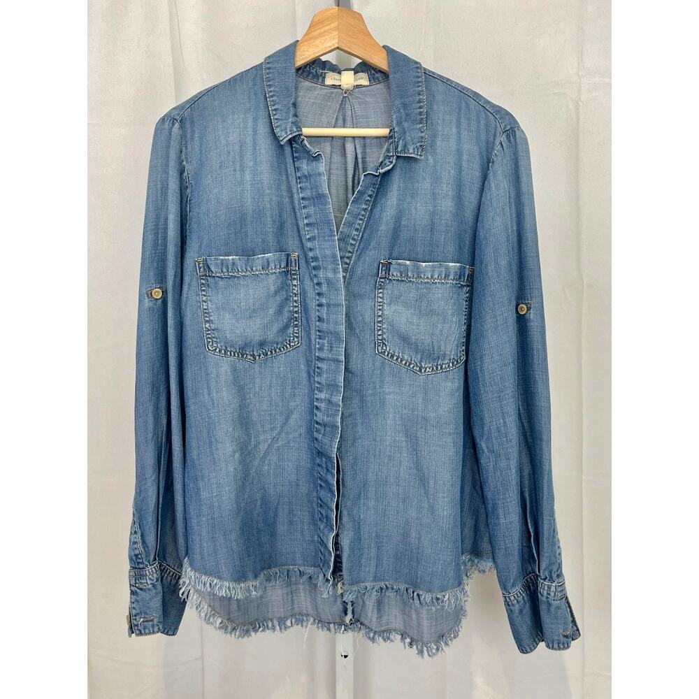 CLOTH & STONE Button Up Shirt Long Sleeve Split Back Raw Hem Tencel Blue Size M